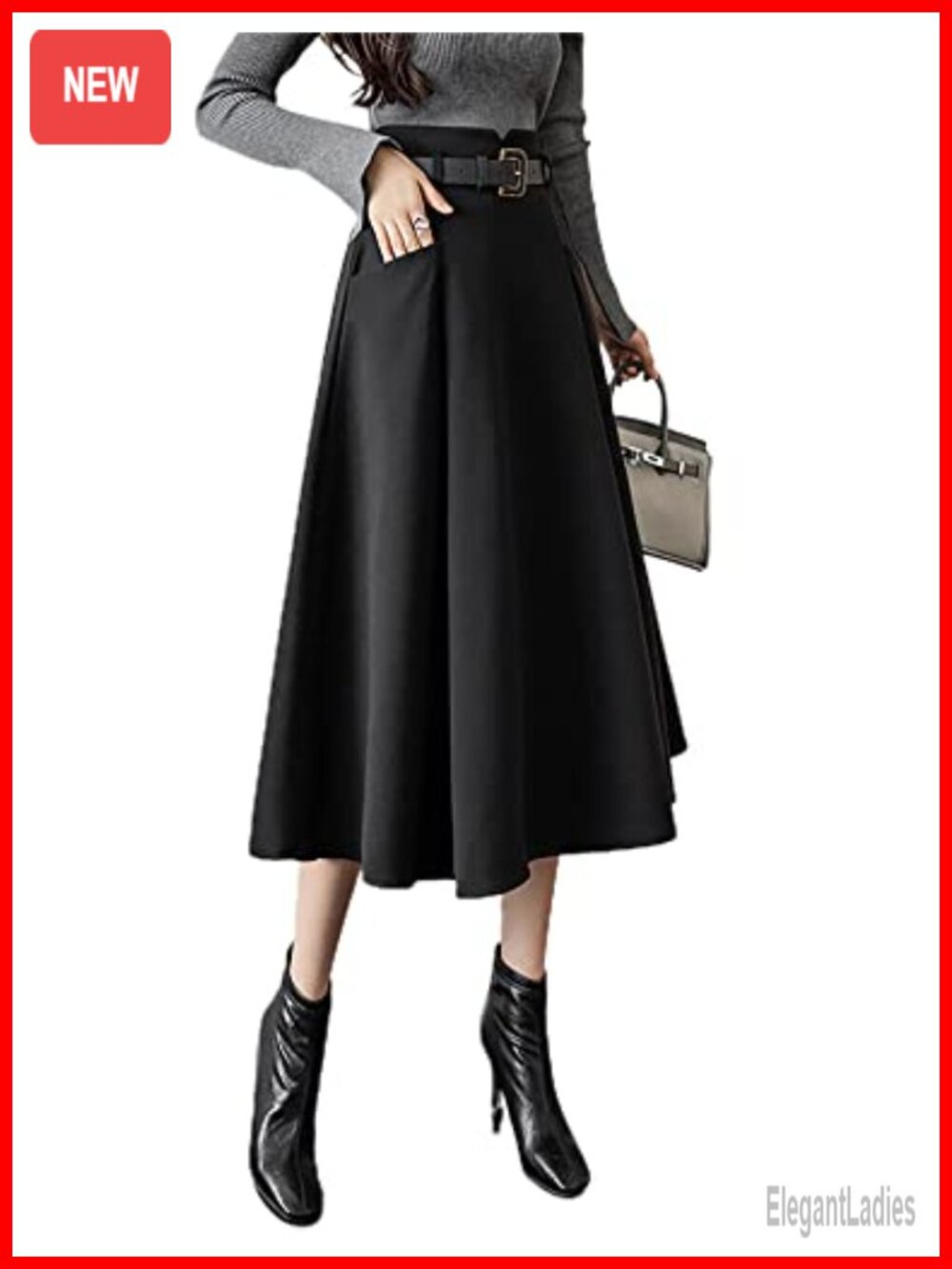 Wool Blend Midi Skirt High Waisted A-Line Pleated Belted Fall Winter